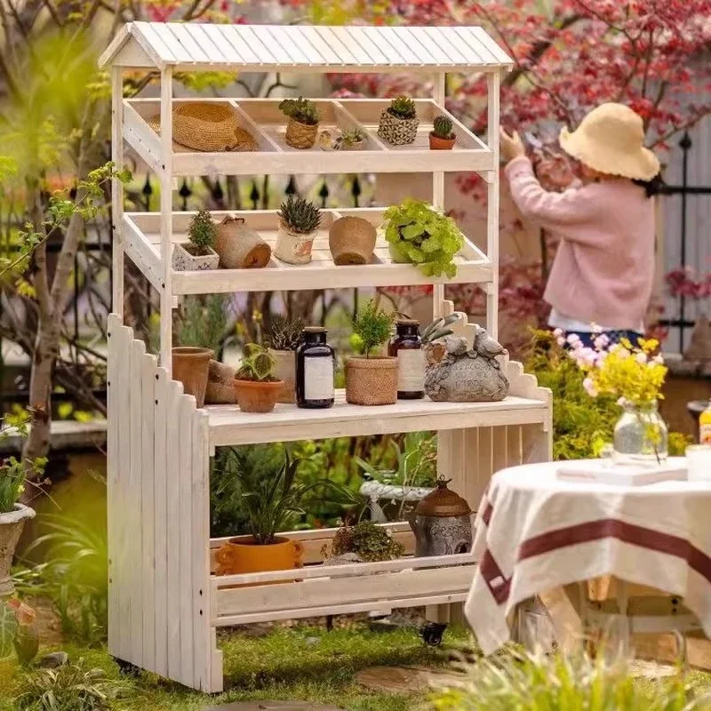 Flower stand Solid wood workbench, gardening tool storage and finishing Courtyard Balcony Shelf Outdoor, wooden frame