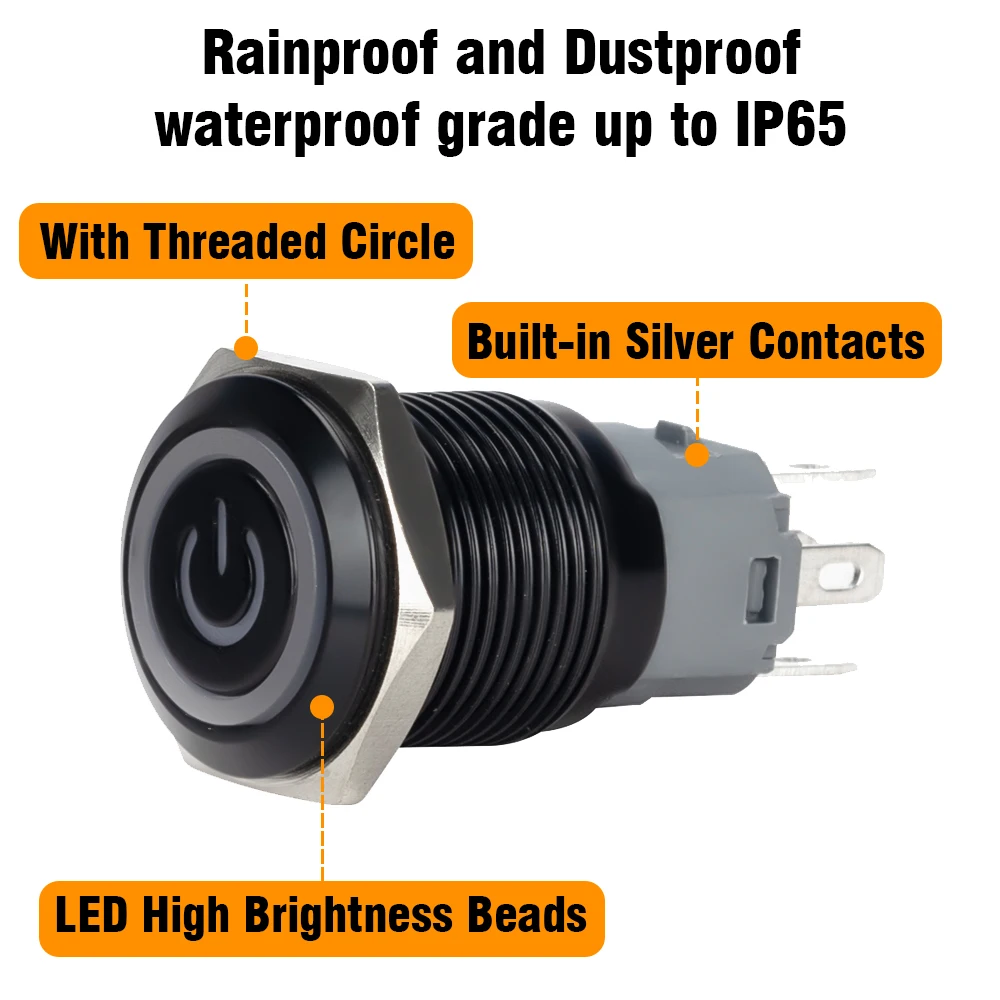 12/16/19/22mm Waterproof Metal Push Oxidized Black Button Switch LED Light Momentary Latching Car Engine Power Switch 5V 12V 24V image 4