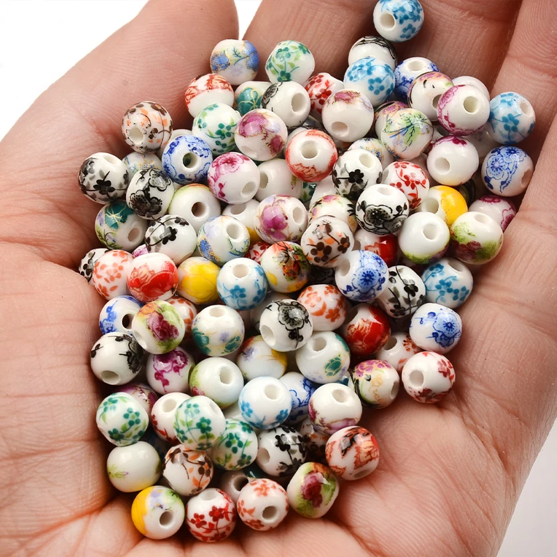 6mm 50pcs Flower Patterns Round Ceramic Porcelain Loose Spacer Beads for Jewelry Making DIY Crafts Bracelet