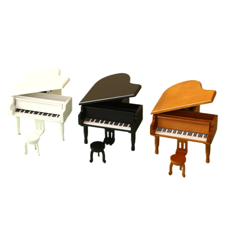 Piano en miniatura con taburete para casa de muñecas, muebles creativos, caja de ocho tonos, modelo de Piano para bricolaje, decoración de escena de la vida, 1/12