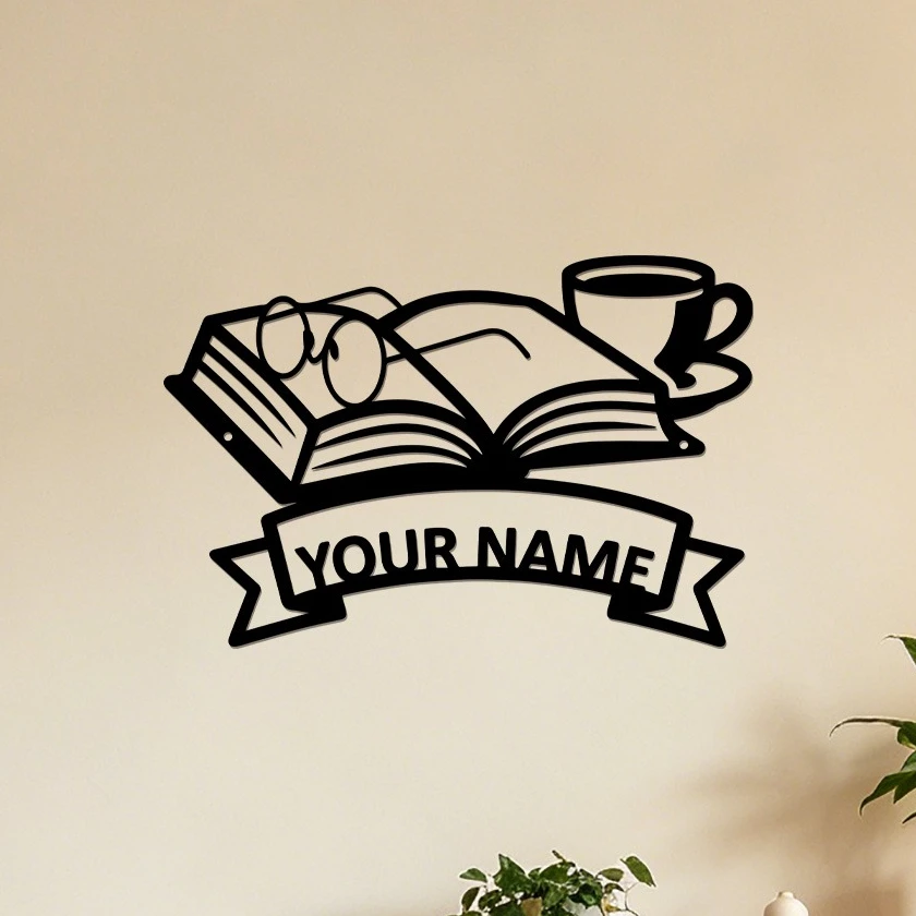 Custom Name Book Coffee Cup Metal Wall Sign Glasses Open Book Metal Wall Decor Vintage Metal Plaque for Study Room Decoration