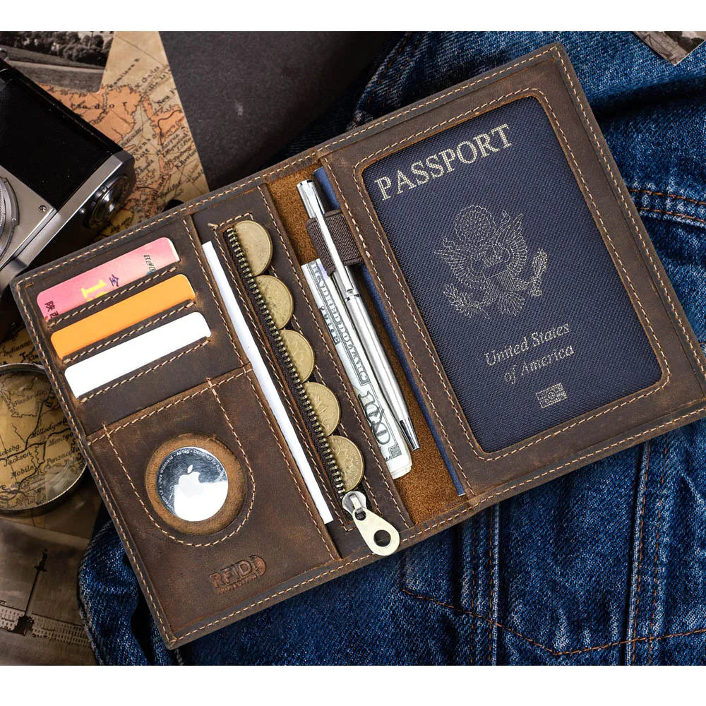 MAGIC TALE กระเป๋าใส่บัตรหนังแท้ กระเป๋าใส่เหรียญ ช่องใส่ AirTag กระเป๋าเดินทางผู้ชาย กระเป๋าสตางค์ผู้หญิง ซองใส่พาสปอร์ต