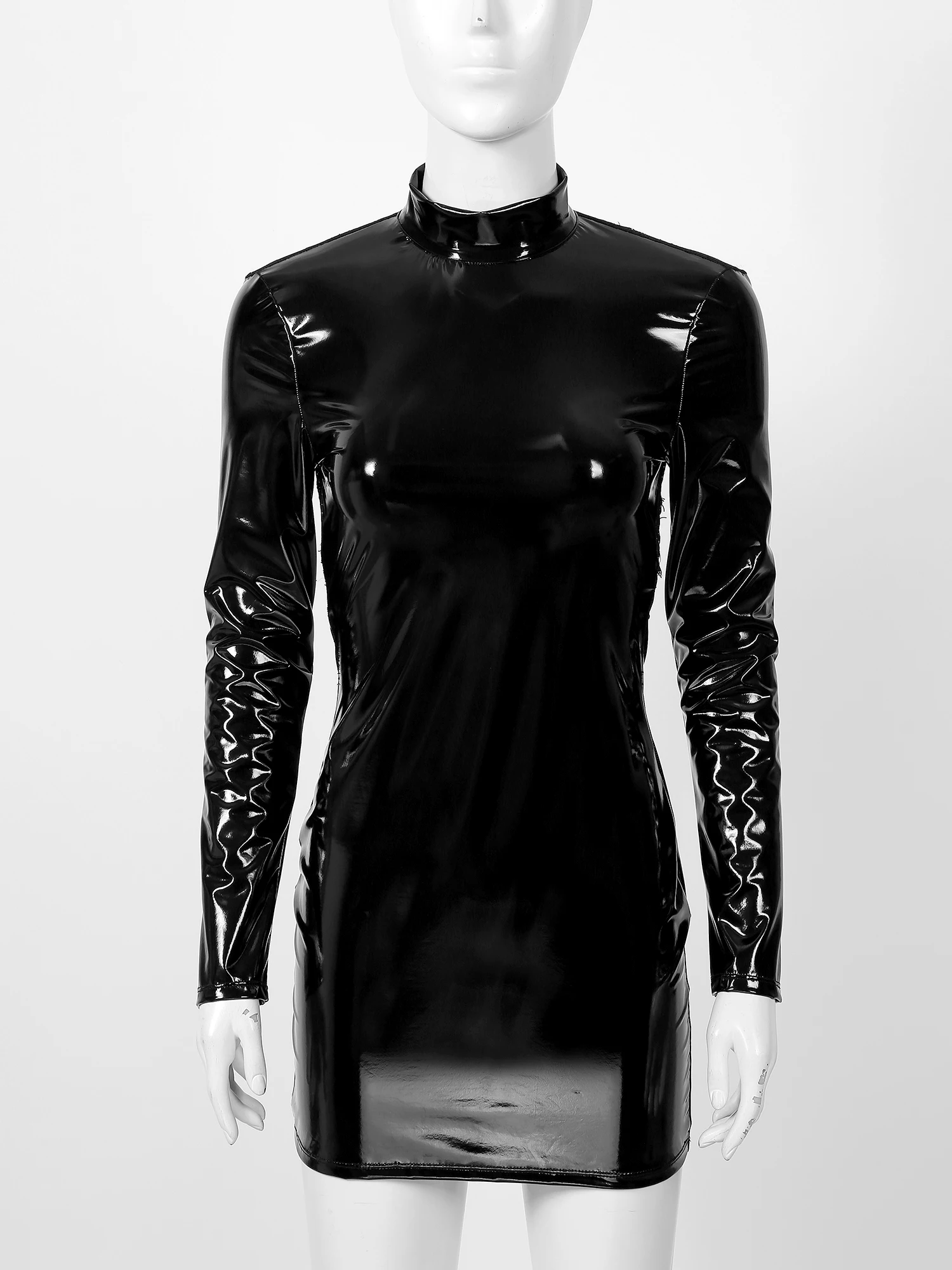 Women Latex Dress Sexy Wetlook Patent Leather Dresses Lace Backless Long Sleeve Pencil Dress Club Party Bodycon Mini Dress