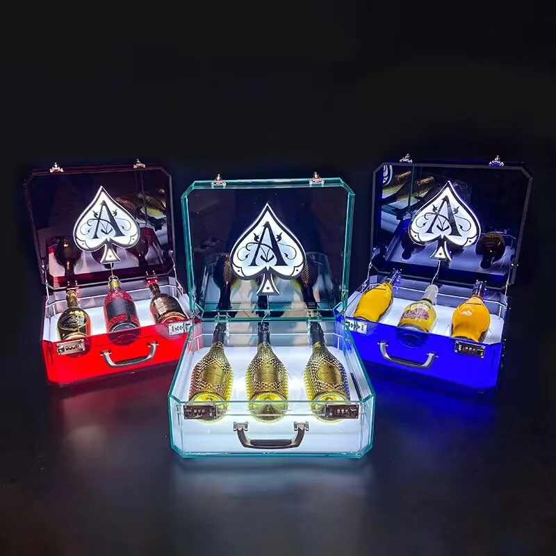 Rechargeable Acrylic 3 Bottles Champagne Led Color Changing Bottle Presenter Tray Box Ace Of Spade Vip Bottle Carry Case