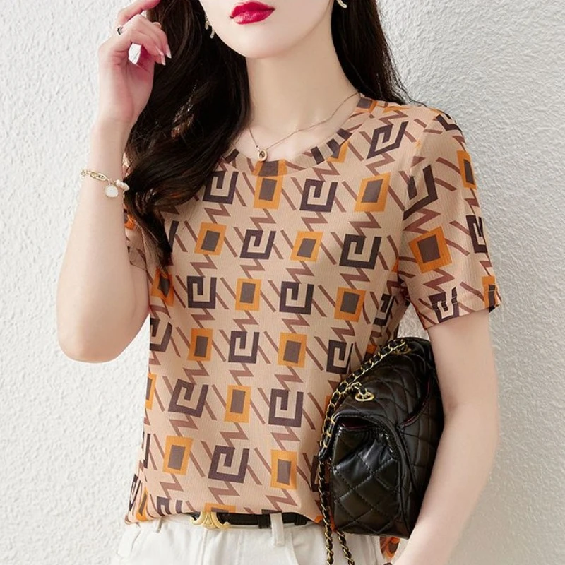 Print Summer Shirts & Blouses for Women with Short Sleeve Woman Top Korea Stylish M Simple Cheap New 2024 Elegant and Youthful S