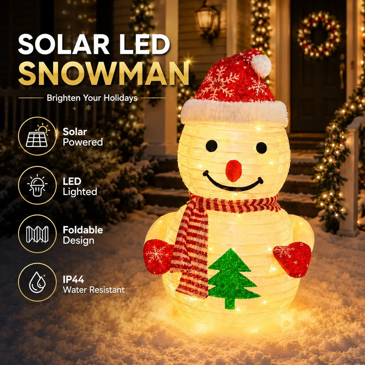 23.6in Solar LED Lighted Christmas Snowman, Foldable Outdoor Holiday Decoration With Multiple Lighting Modes, IP44 Water Resistant Festive Snowman For Yard, Lawn, Porch, Garden & Christmas Party Decor