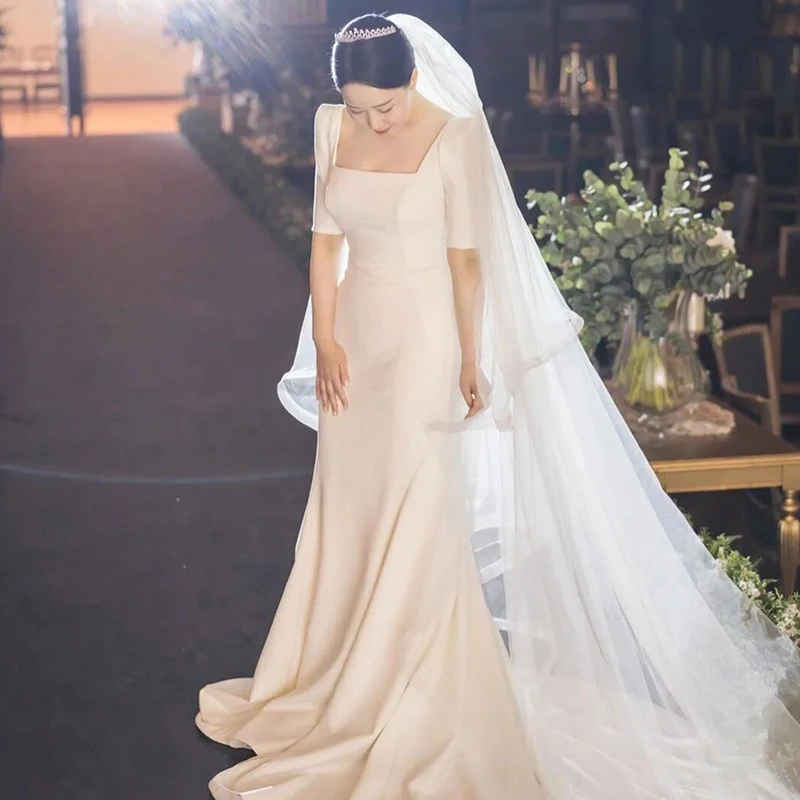 Korea Satin Vintage Half Mouw Ivoor Trouwjurk 웨딩드레스 Vierkante Kraag Vestidos De Novia Sweep Trein Robe De Mariee Gown bridal