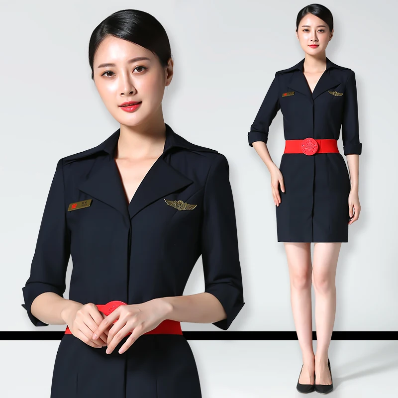 

Flight Attendant Uniform Lady China Trend Eastern Airlines Professional Suit Spring Autumn Airline Stewardess Lapel Collar Dress