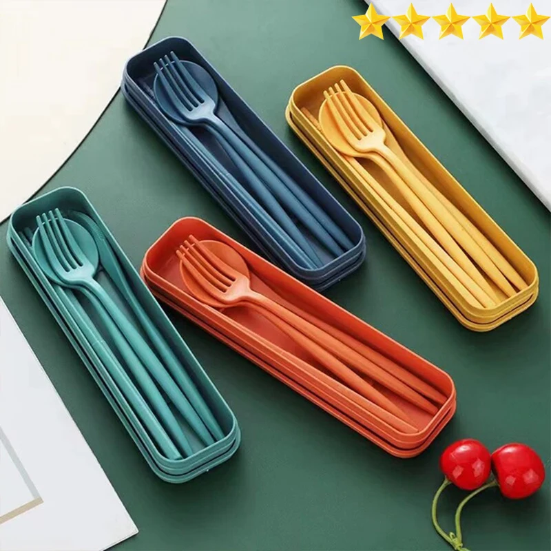 [Hot Sales] 4-Piece Portable Utensils, Healthy Eco-Friendly Wheat Straw Cutlery, Reusable Chopstick Fork Knife Spoon Set