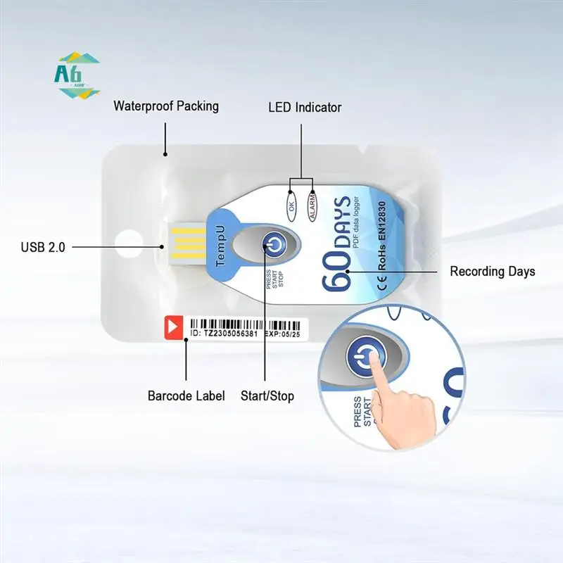 A60F-Temperature Data Logger USB Disposable PDF Temp Recorder Thermometer Logger Tempu02 60 Days For Cold Chain