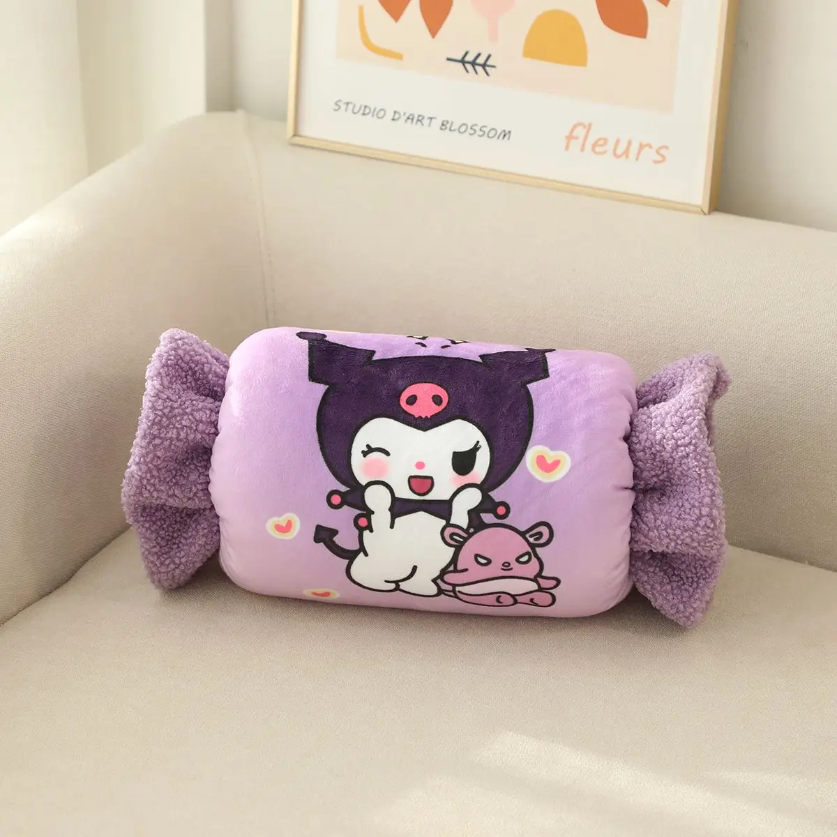 Leuke Sanrio Kuromi Pluche Kussen Cartoon Snoep Pluizige Handwarmer Dutje Kussen voor Studenten Anime Bank Decoratie Zoete Meisje Stijl