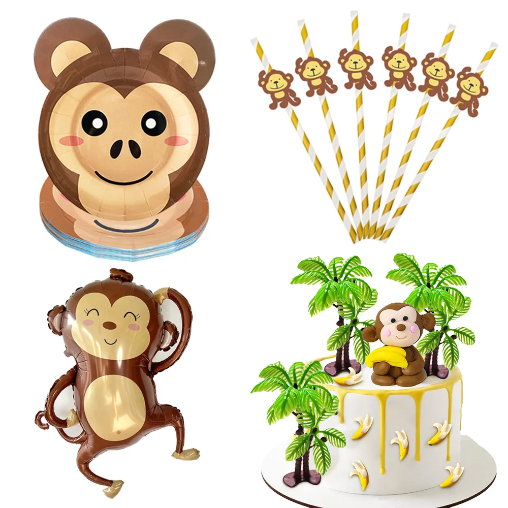 Monkey Birthday Decorations for Kids George Theme Party Supplies Cake Toppers Straws Dinner Plates Monkey Balloons Jungle Safari