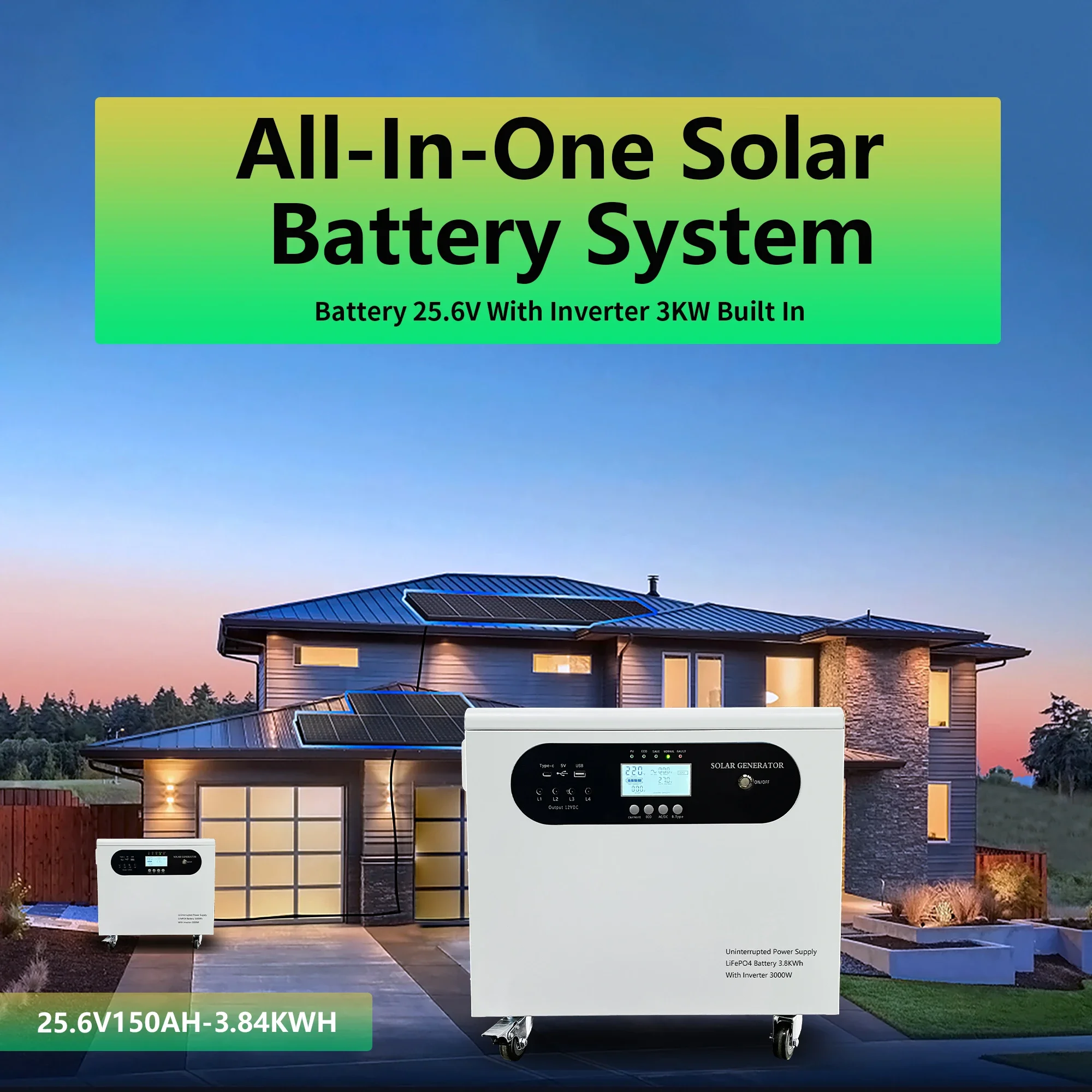 JM Home Energy Storage 4kWh All-in-One Hybrid Lithium Battery Pack 12.8V/25.6V/100Ah/150Ah/200Ah with 3KW Solar Inverter Mounted