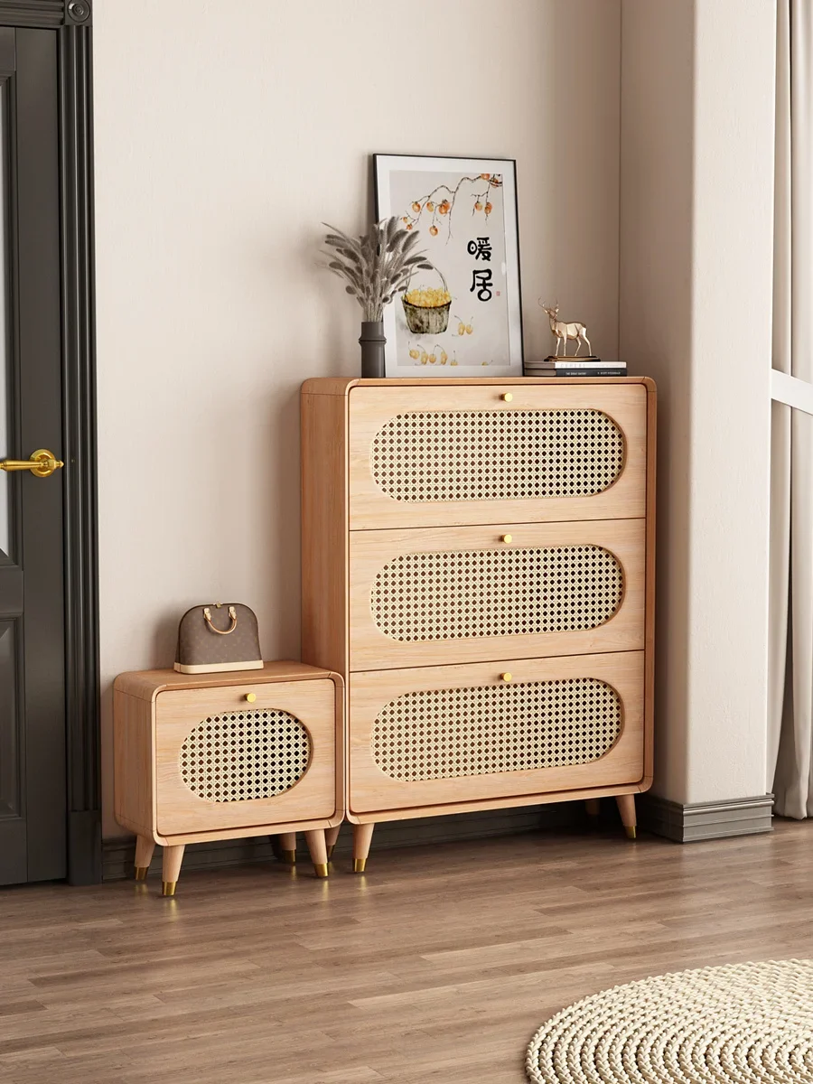 Solid wood ultra-thin rattan shoe cabinet, simple and modern tipping bucket at the door of the home, log color porch foyer