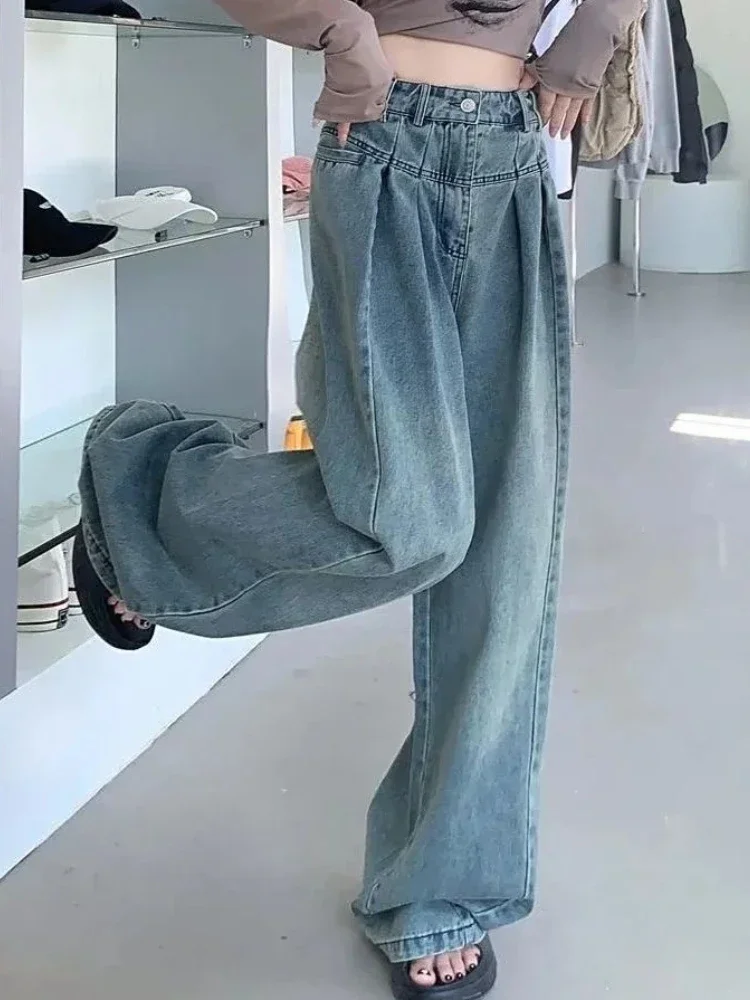 Vaqueros de pierna ancha para mujer, estilo coreano, cintura alta, ropa de calle Vintage elegante, pantalones holgados universitarios sencillos que combinan con todo