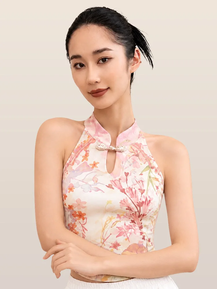 Hot Selling sexy retro new Chinese-style cheongsam printed design yoga clothes sports tank top Pilates fitness with built-in pad