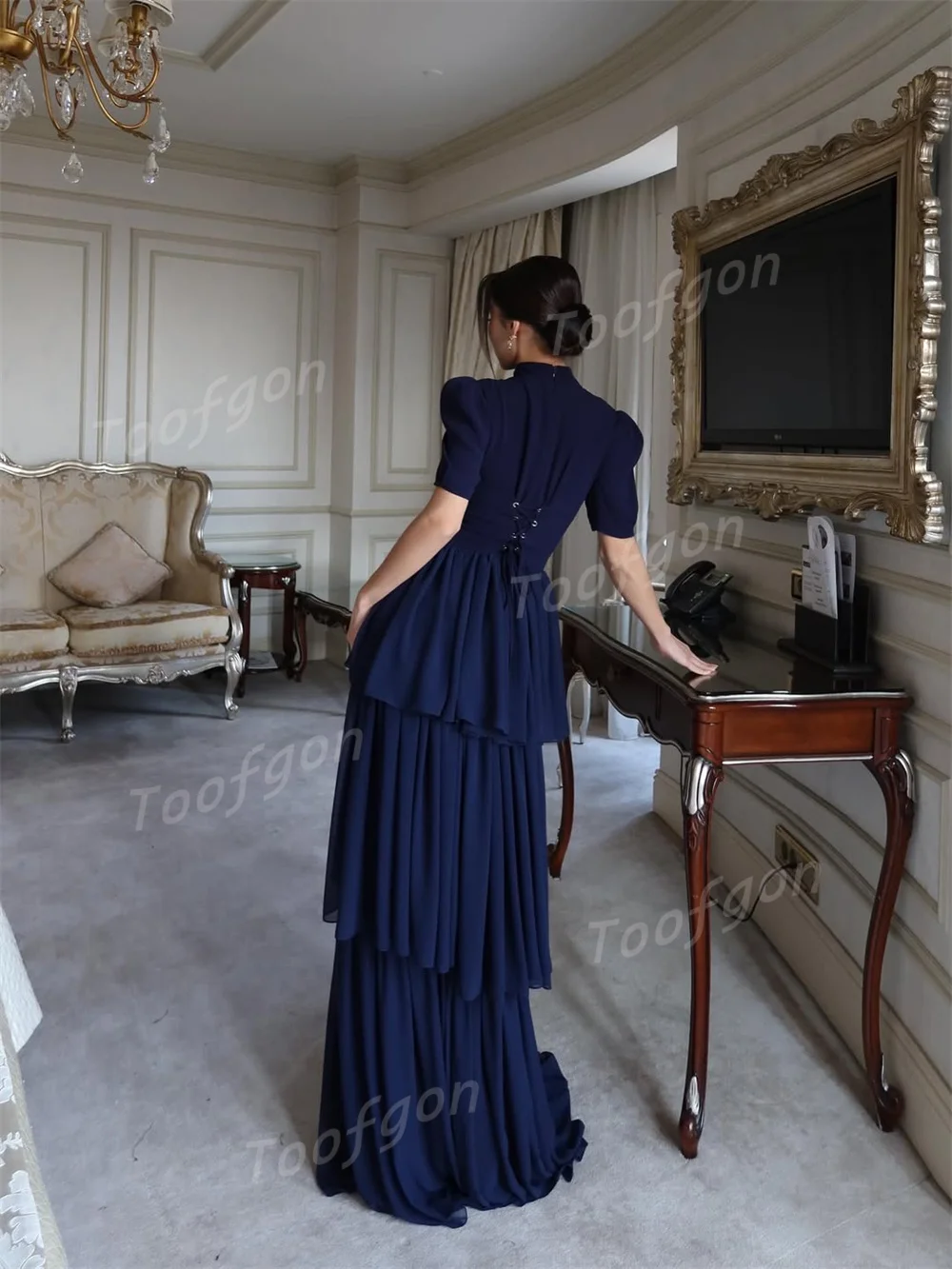 Toofgon Short Sleeve Blue Prom Dresses Satin Chiffon Women Evening Dress Ruffles Long Special Event Party Gowns Customized