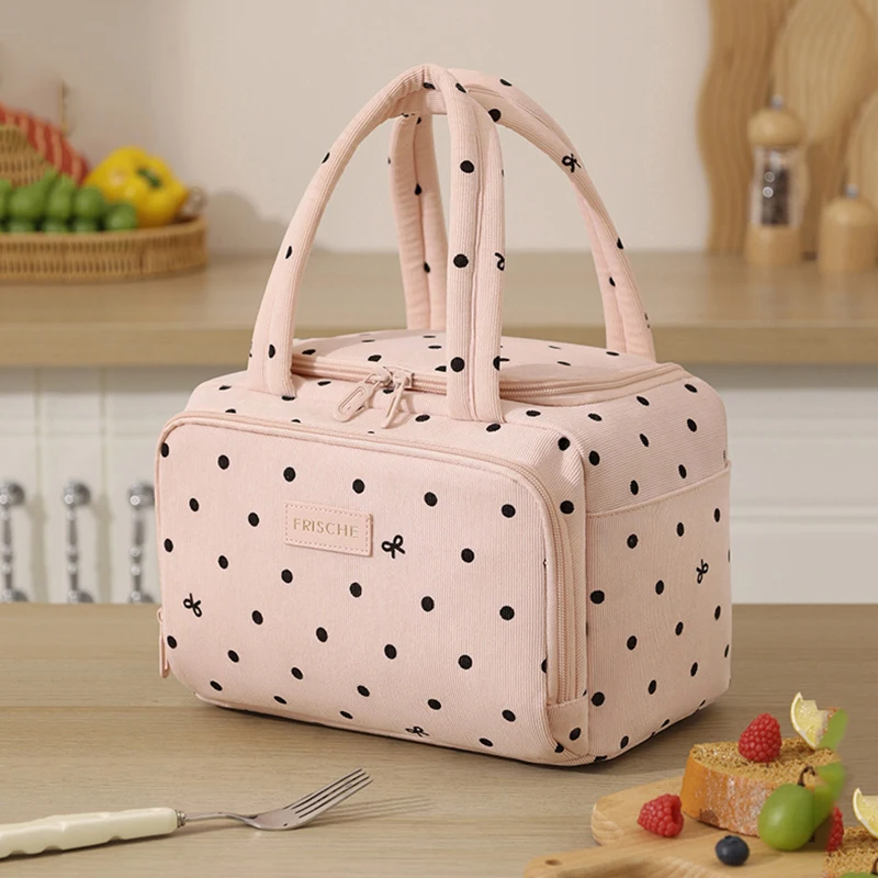 Pink dot insulated portable lunch bag - Handheld insulated and refrigerated food storage bag