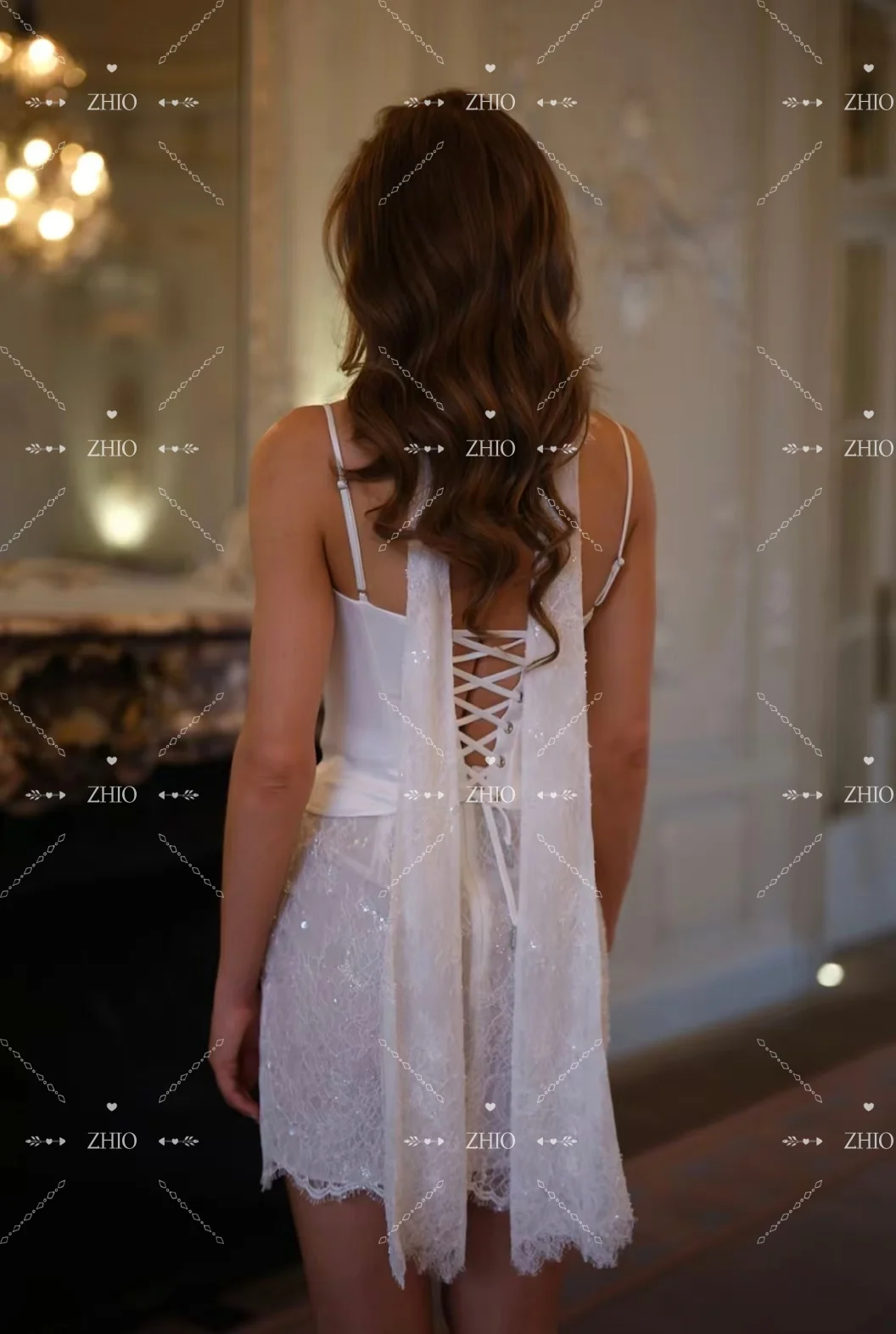 ZHIO Customized Vintage Lace Beading Mini Wedding Dress Square Collar with Scarf Sheath Short Prom Gown for Bride Woman New