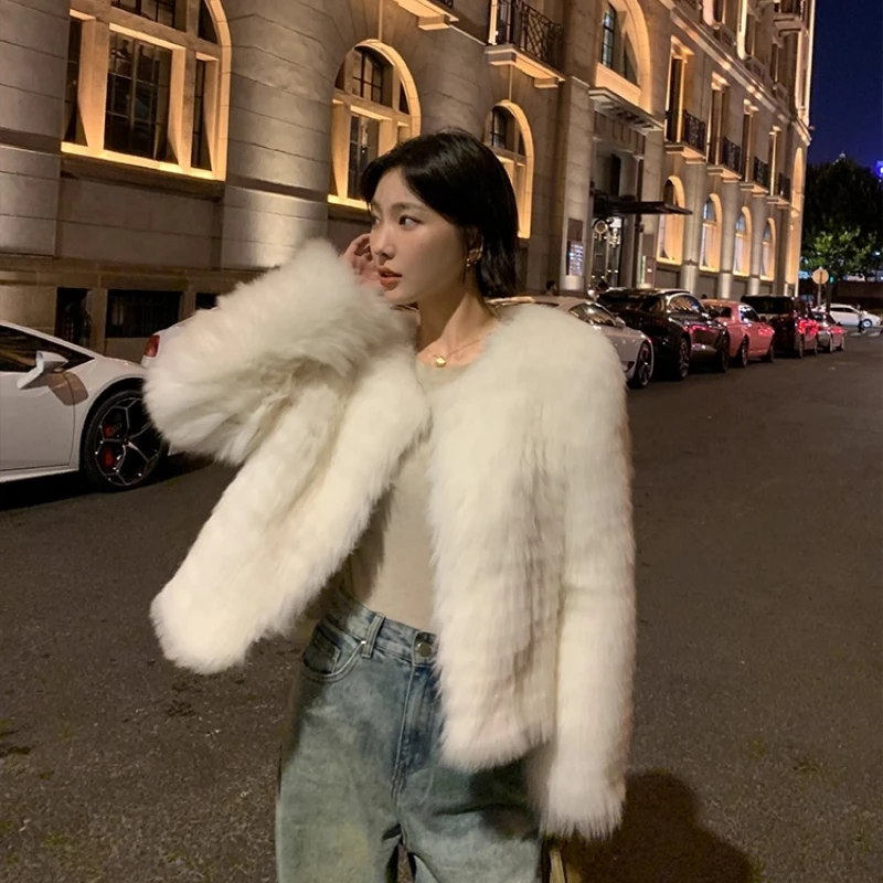 YOLANFAIRY Fox fur real coat winter warmth V-neck blouse long sleeve Short-Length commuting cocoa whole fur jacket female 2025