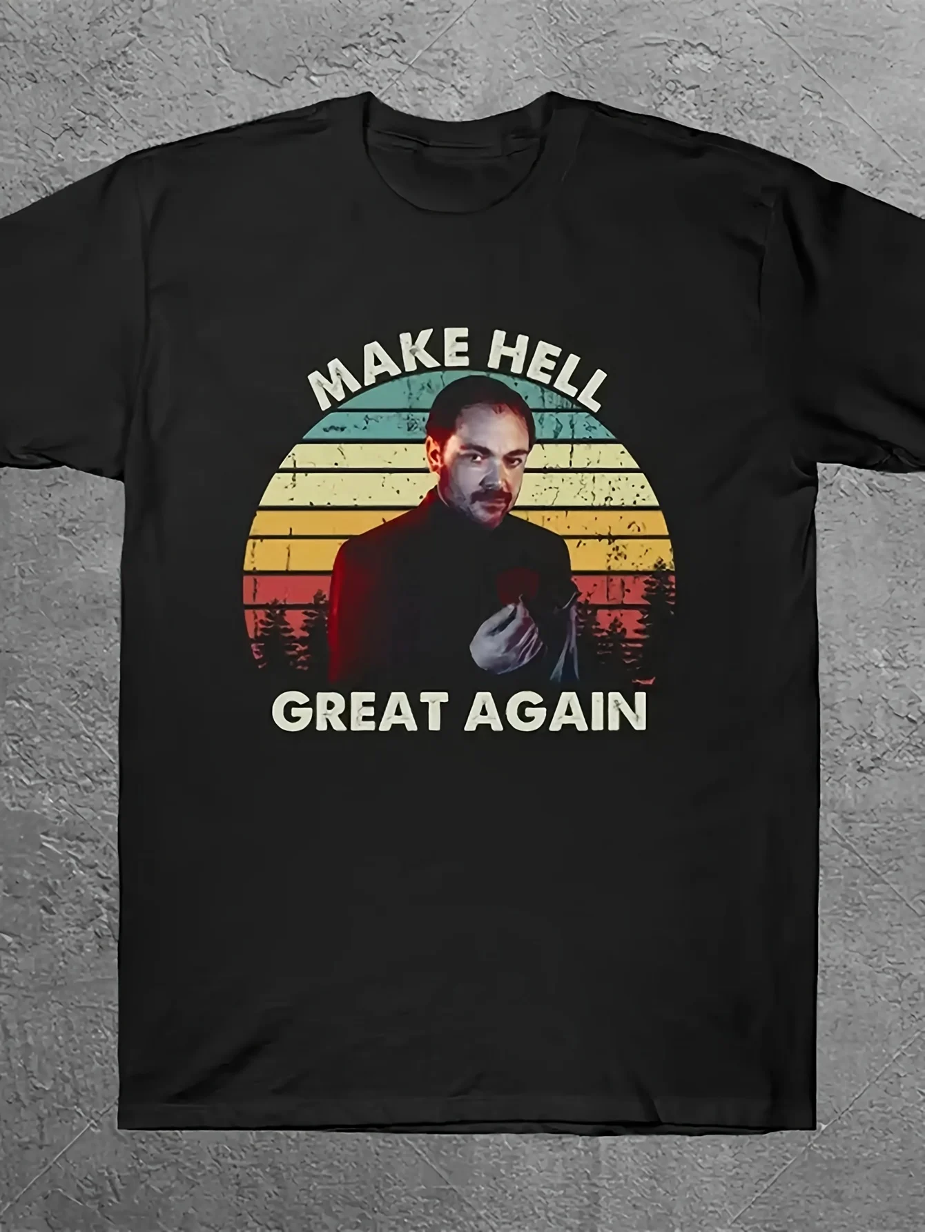 2026 Vintage Graphic T-Shirt Featuring Crowley from The Supernatural Series, Promoting a Retro Sunset Design with Art of Dean An