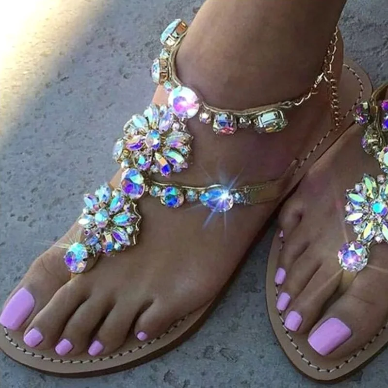 

Ladies Rhinestones Flat Sandals Summer Beach Slippers Women's Footwear Comfortable Slip-On Casual Glitter Sandals
