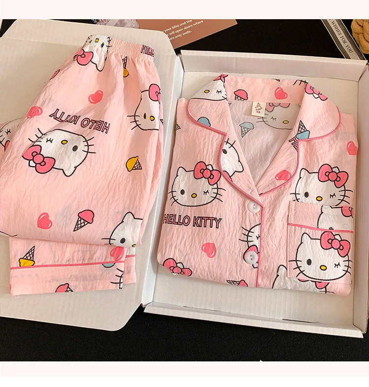 Kawaii 2 قطعة مرحبا كيتي كورومي سينامورول بيجامات أطفال مجموعة أنيمي الوالدين والطفل موضة فضفاضة طويلة الأكمام الكرتون Homewear