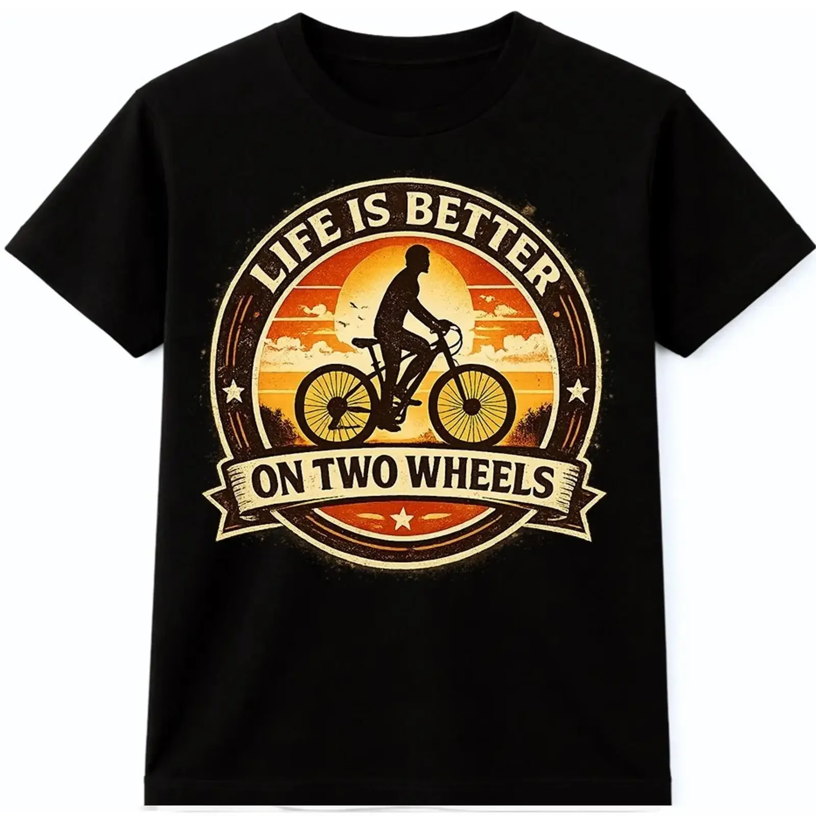 Das Leben ist besser auf zwei Rädern Radfahrer Fahrrad Retro Sonnenuntergang Abzeichen Grafik T Shirt Bild 1 von 4 vintage
