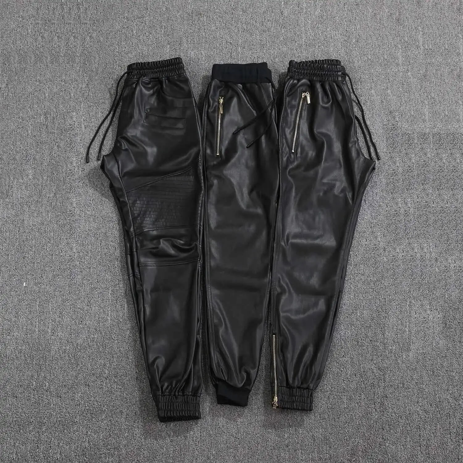 #2209 Autumn Winter Motorcycle Jogger Pants Casual Pencil Harem Faux Leather Pants Men Zipper Elastic Waist Stretch PU Pants