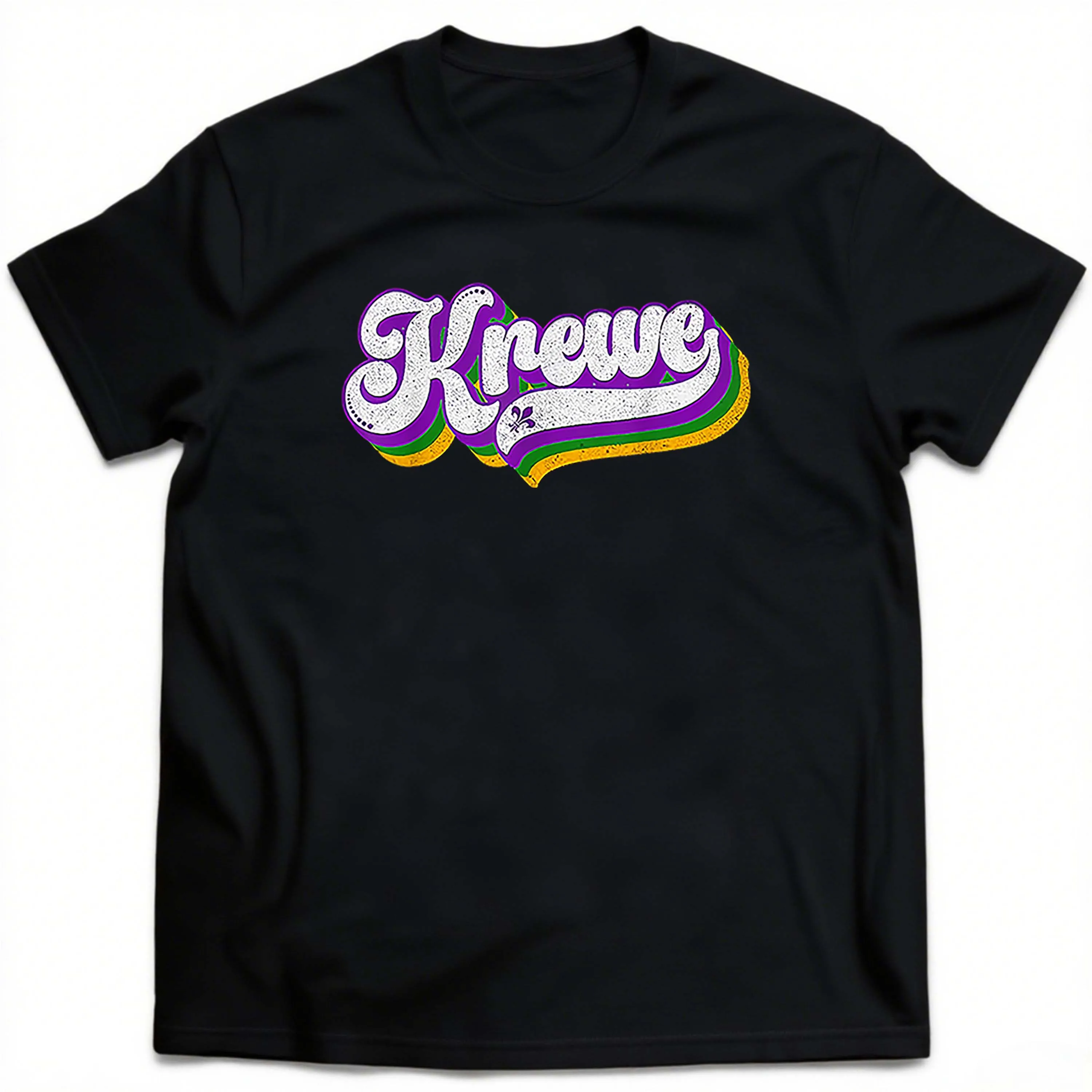 ストリートファッション用のカラフルな「Krewe」ワードを備えたプラスサイズのブラック半袖Tシャツは、夏のアウトドアレジャーウェアに適しています。