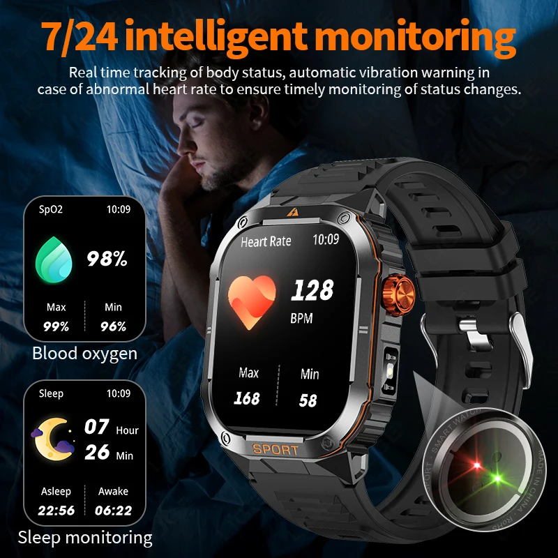 LIGE 2.01" Outdoor Military LED Flashlight Smart Watch Men Call Reminder Waterproof Sports Fitness Smartwatch For Android IOS