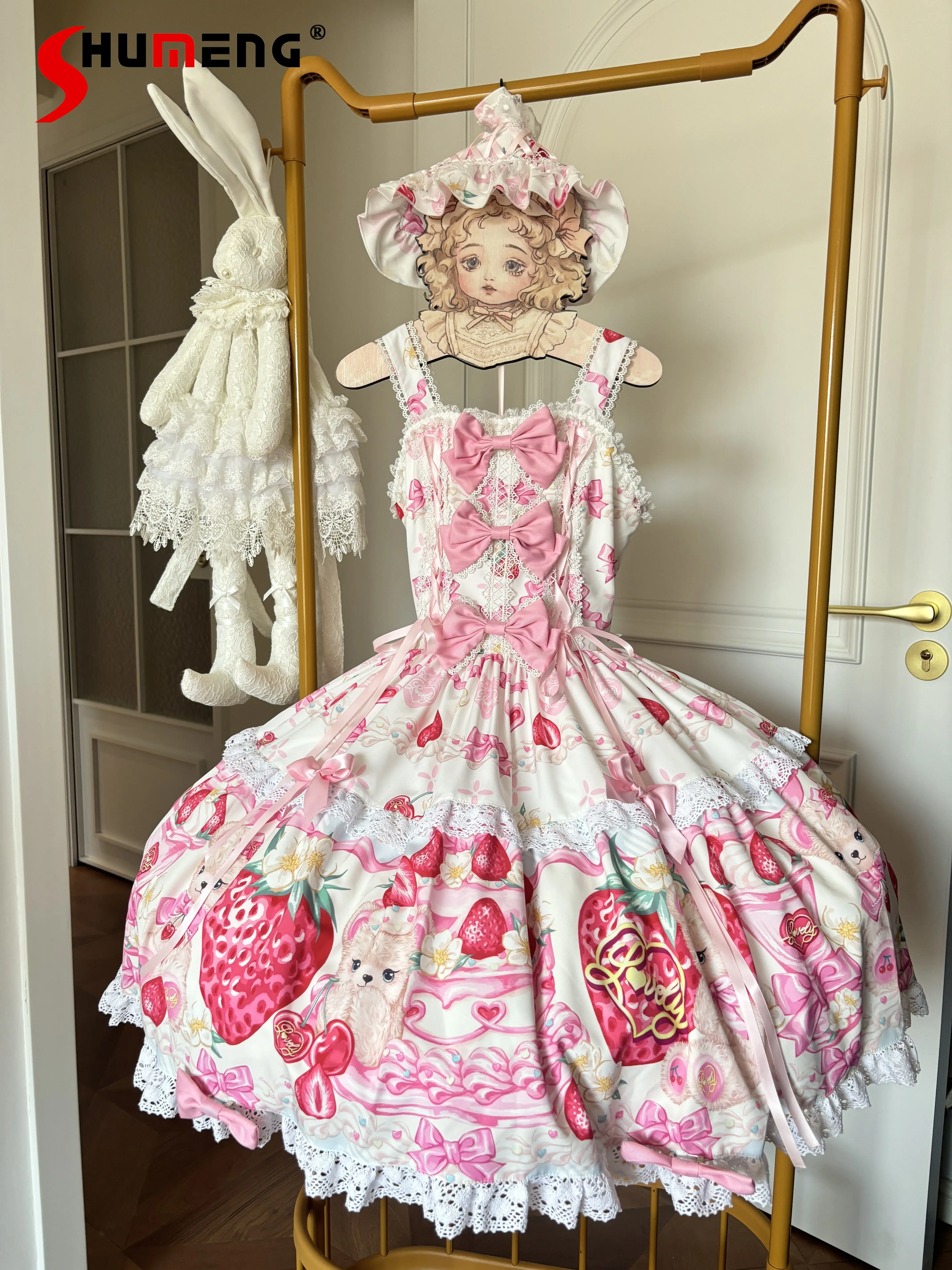 

Розовое платье в стиле Лолита с клубничным принтом, оригинальное японское милое платье JSK для девочек, кавайное короткое платье без рукавов, новое летнее платье для дочерей, Vestidos