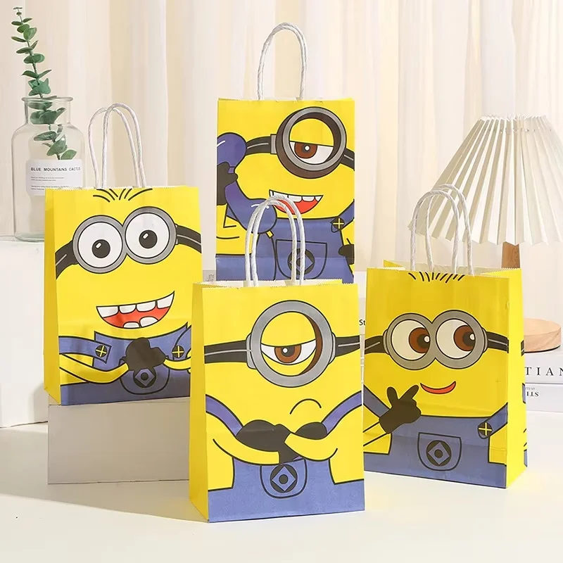 12pcs Despicable Me 4 Minions Birthday Cute Color Square Bottom Gift Packaging Bag  Theme Portable Paper Bag Gift Storage Bag