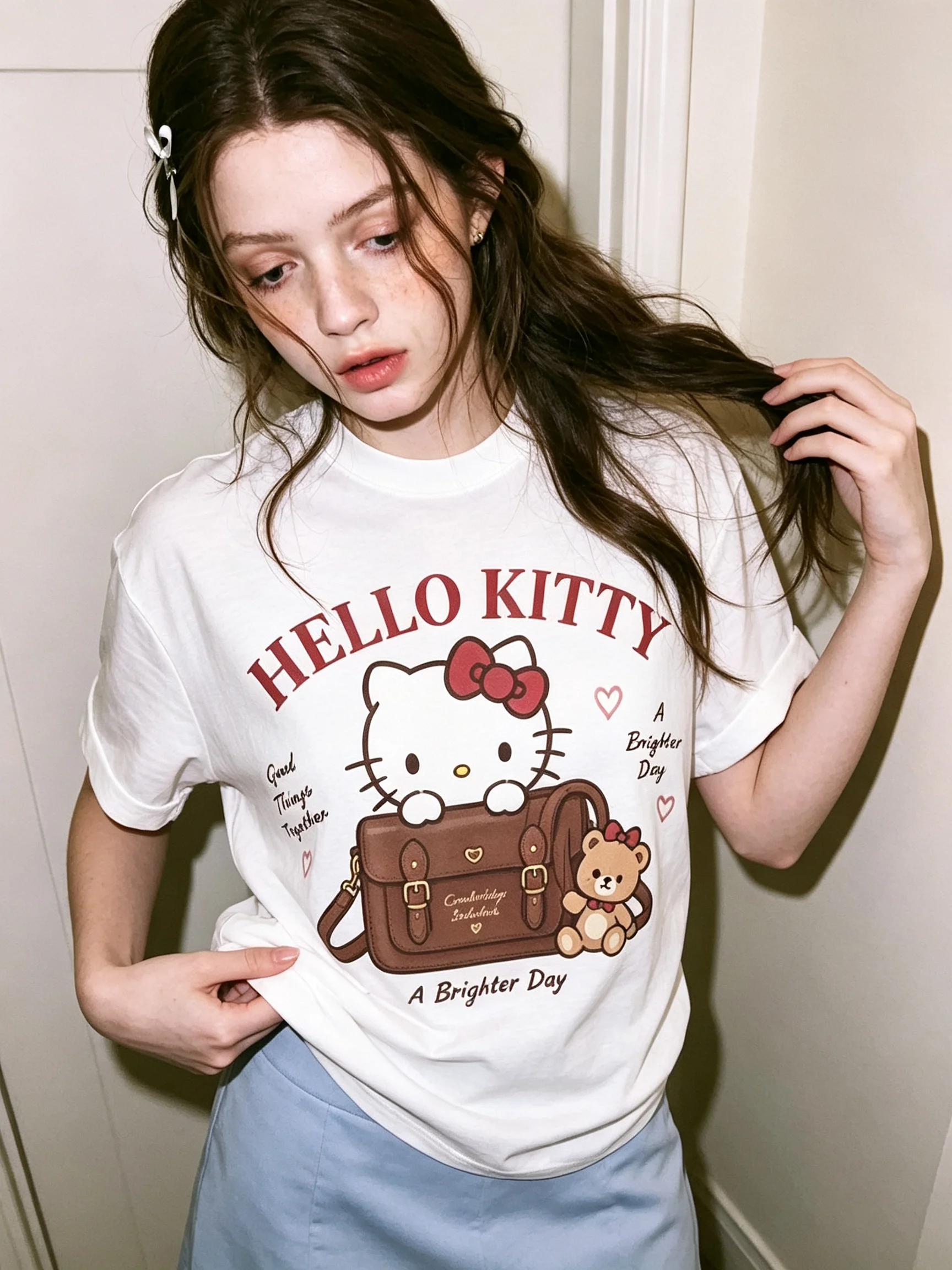Men's Women's Parent Child Sanrio Hello Kitty Pearl Bow Cute Print T Shirt White Kawaii Streetwear Short Sleeve Oversized Top