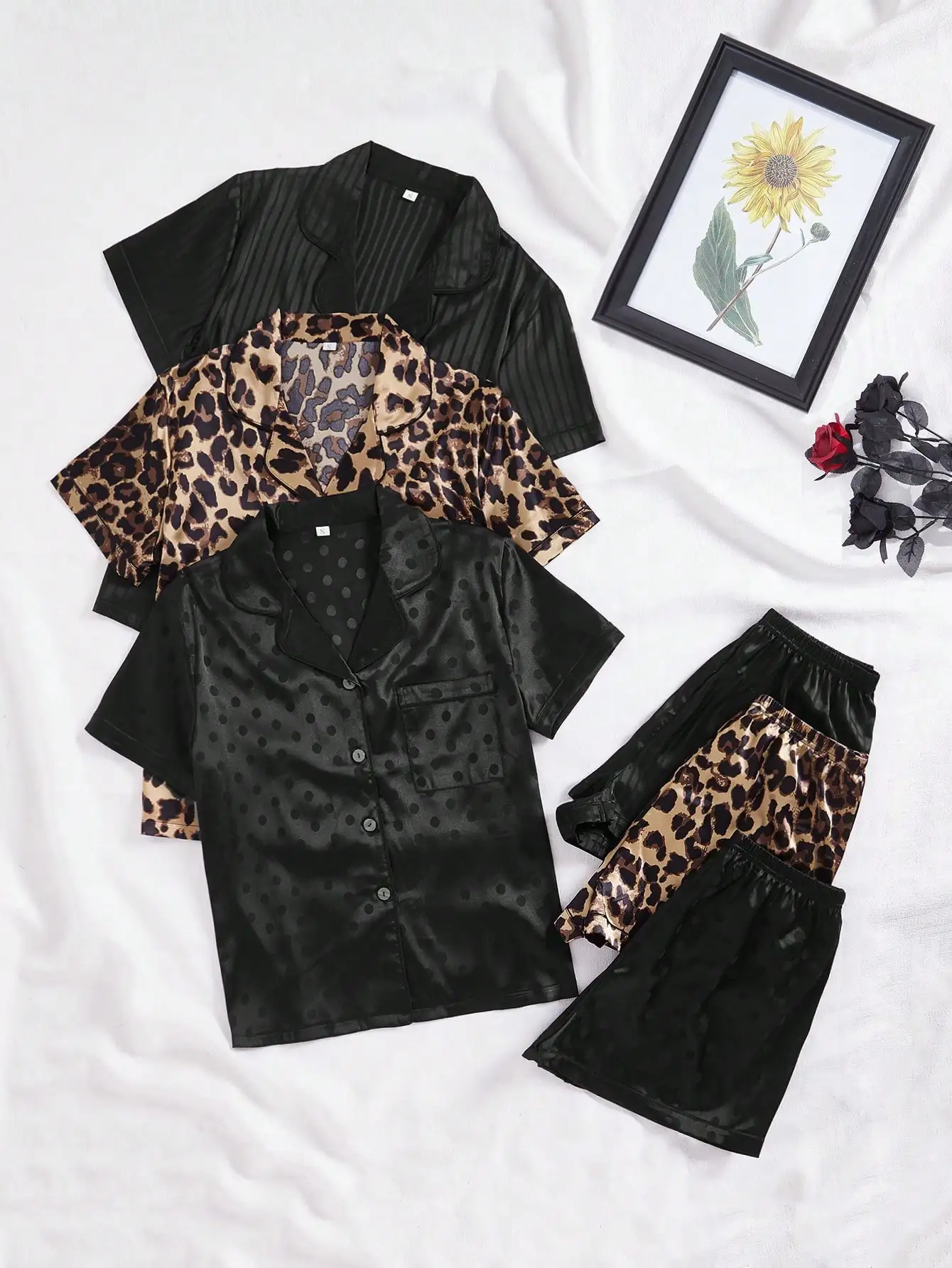 

Комплект из 6 предметов: атласная пижама с отложным воротником, в горошек и с леопардовым принтом