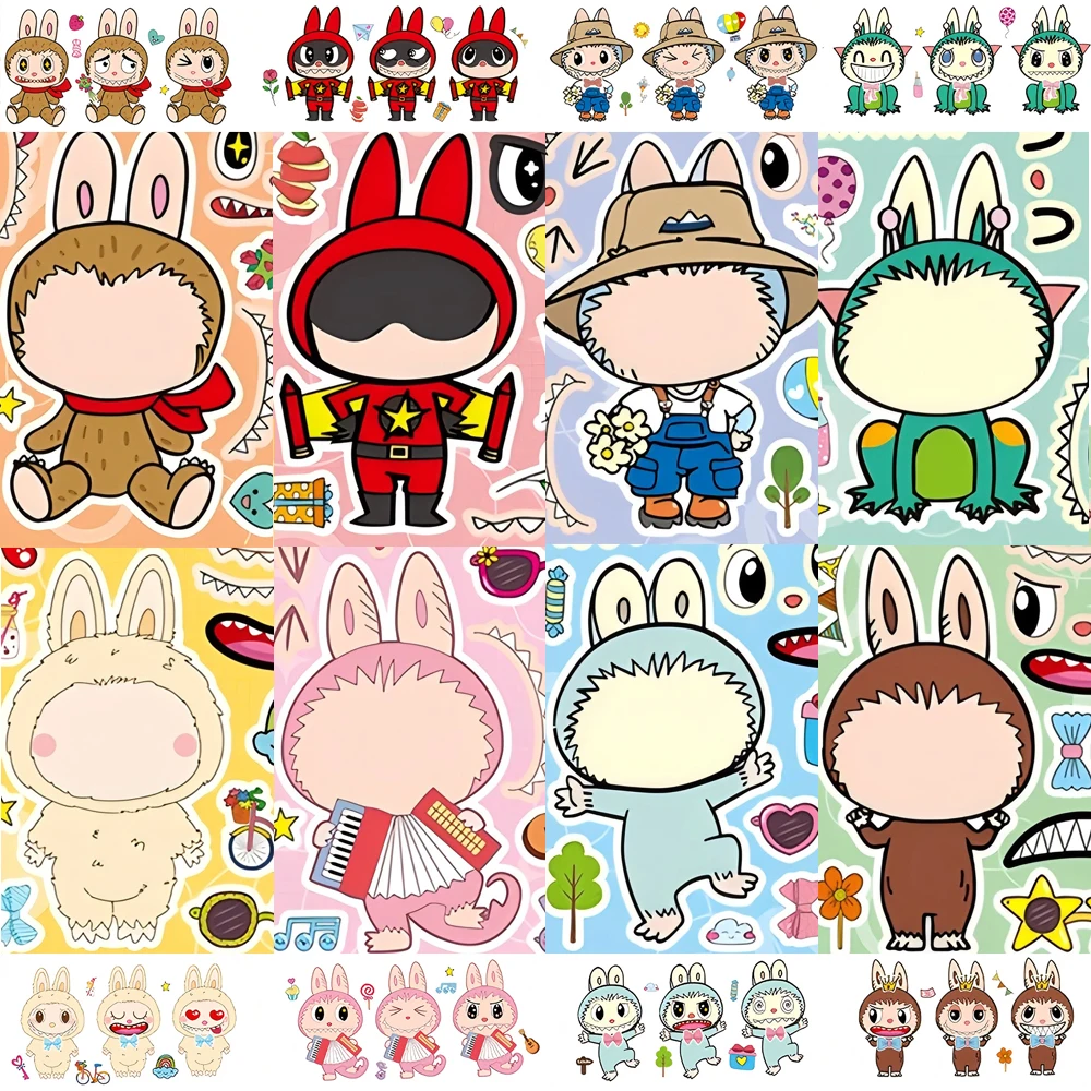 

8/16sheets Make a Face Labubu Puzzle Stickers Cute Cartoon Children DIY Assemble Jigsaw Educational Toys Decals Funny Party Gift