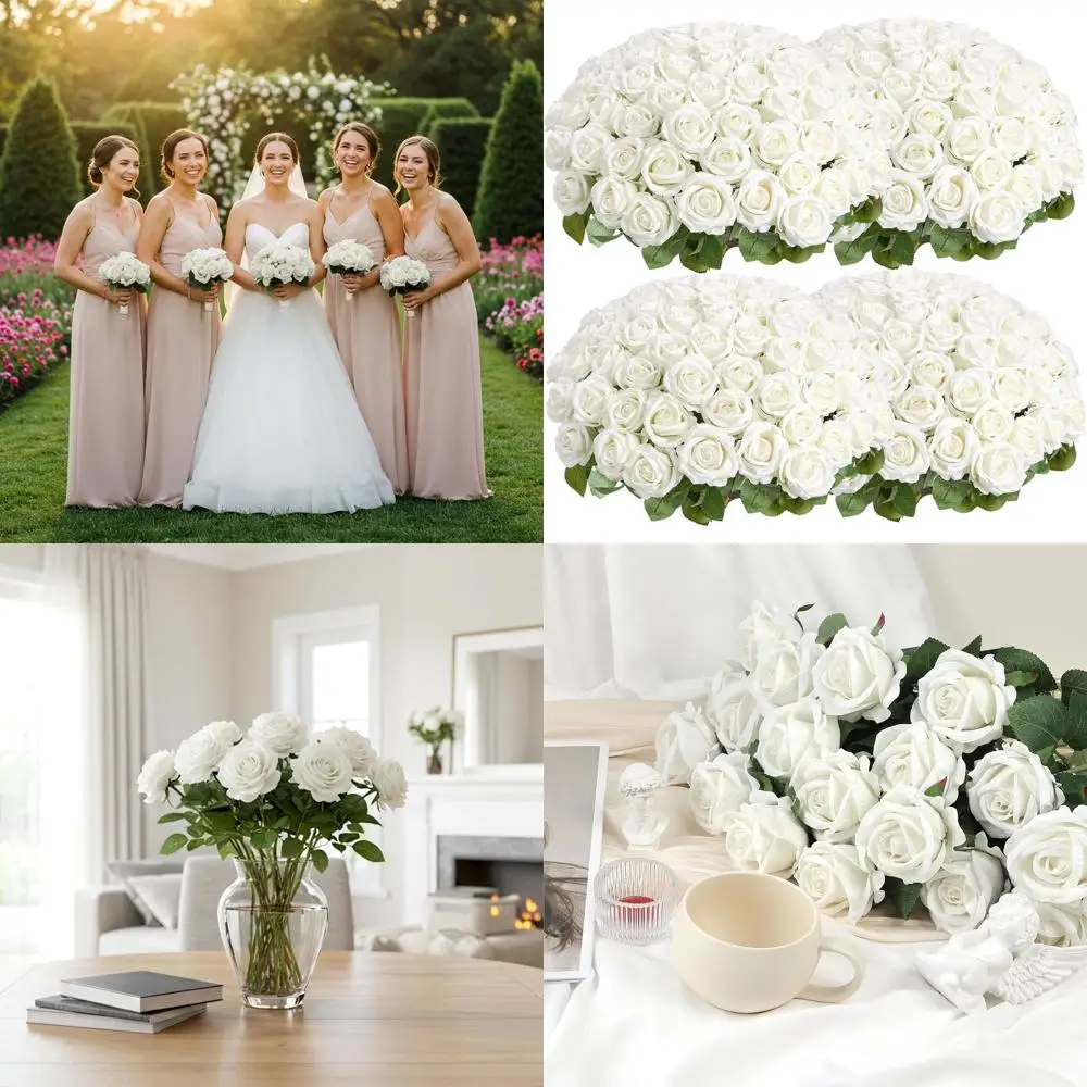 

Изысканный набор из 104 искусственных белых шелковых роз для свадеб, центральных композиций и домашнего декора