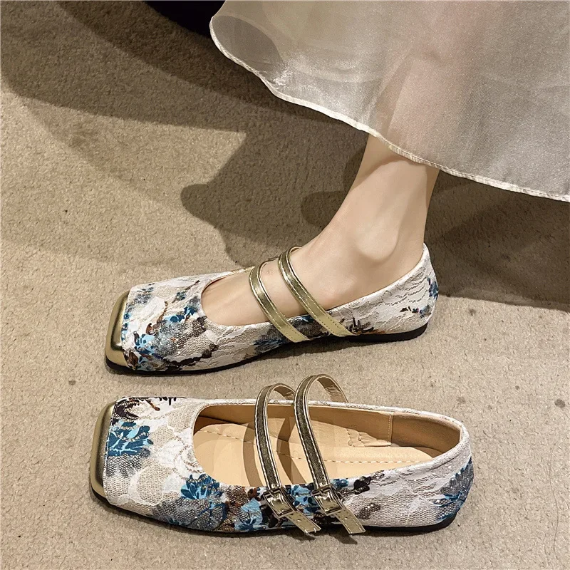 

Newest Fashion Women's Flat Shoes Square Toe Print Casual Shoes Ladies Breathable Outdoor Soft Mary Jane Shoes Zapatos Mujer