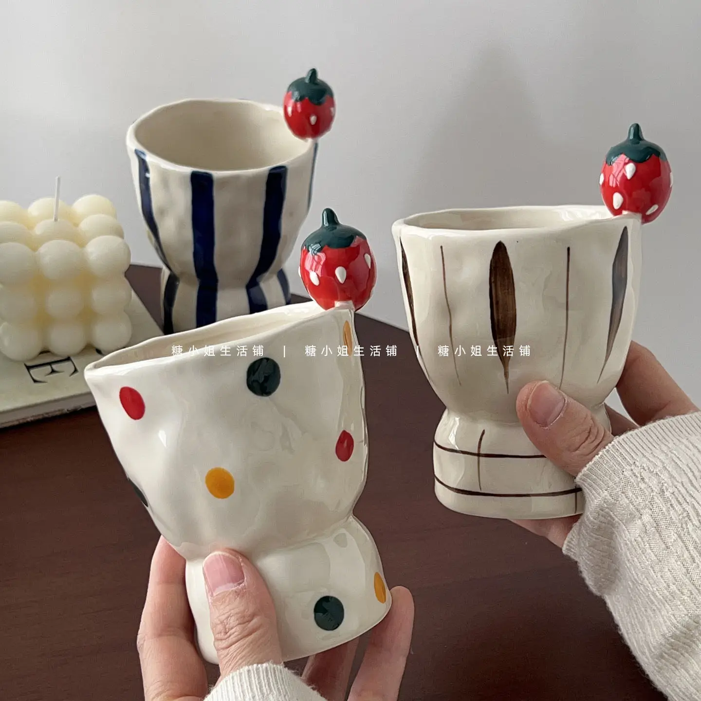 Strawberry Polka Dot Ceramic Cup New Household 300ml Underglaze Color Round Mugs Korean Style Creative Good-looking Coffee Cup