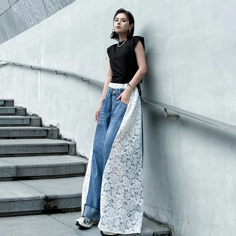 EAEOVNI уличная одежда, джинсовые длинные брюки Y2K, кружевные лоскутные брюки контрастного цвета, свободные широкие брюки с высокой талией, новинка 2023 г.