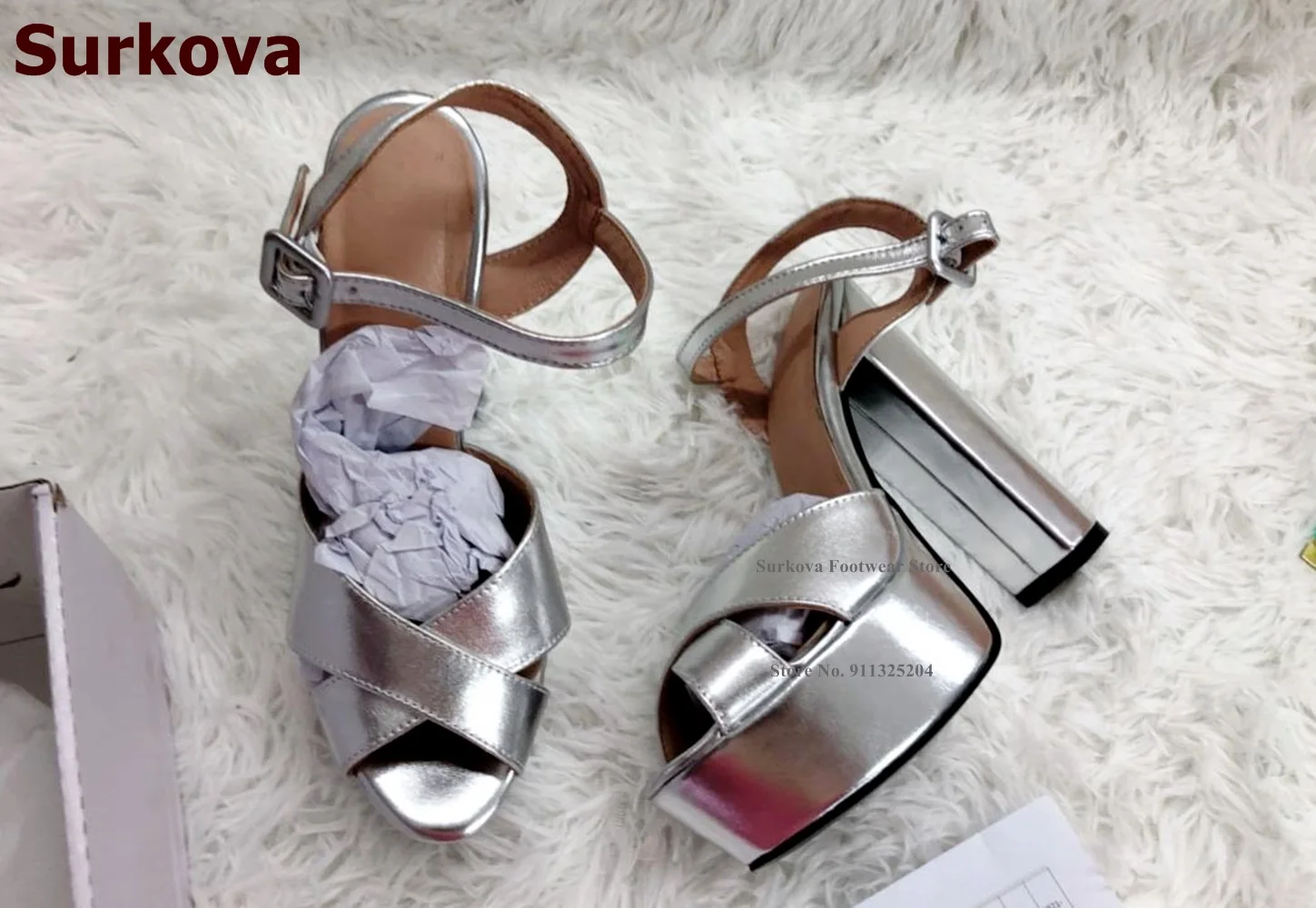 Surkova Square Buckle Chunky Heel Platform Sandals White Black Green Matte Leather Elegant Nice Dress Shoes Real Photo Pumps