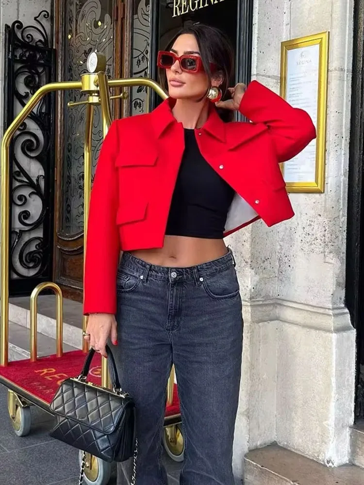 2024 Women\'s Red + Black Jacket Solid Turn Down Collar Long Sleeve Cropped Tops Female Fashion Versatile Chic Coat Trendy