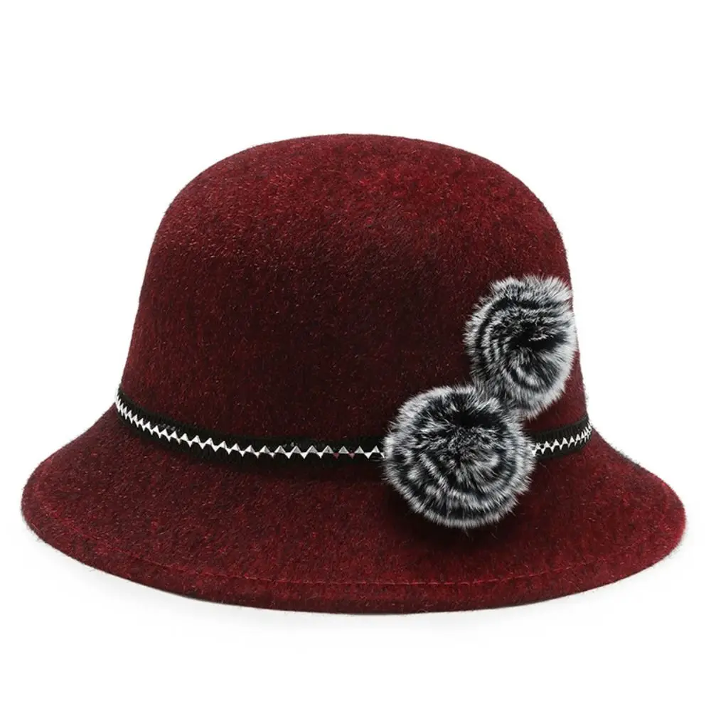 Fashion Imitation Fur Ladies Bucket Cap With Flower Elegant Women Dome Hat Vintage Casual Basin Hat Autumn Winter
