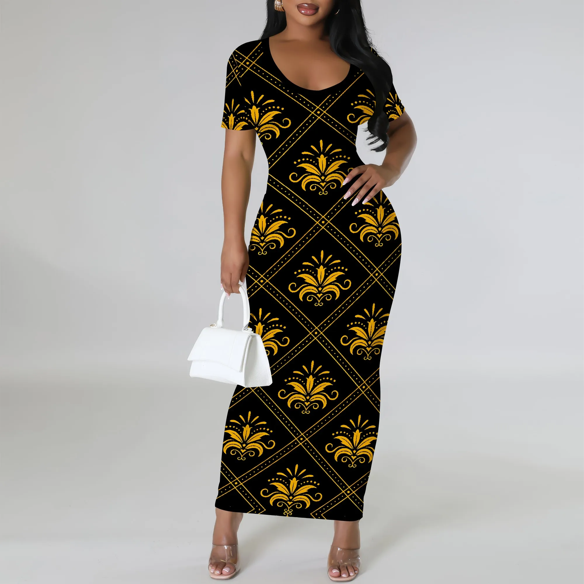 

Nupusa Golden Pattern Print Dress for Women Standard Size Summer Casual Scoop Neck Short Sleeve Maxi Dress