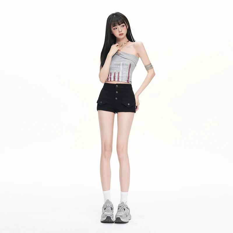 Women's Old Money Style Pure Desire Hip Enhancing Hot Pants New Multi Button High Waist Tight Slim Hip Hugging Denim Shorts