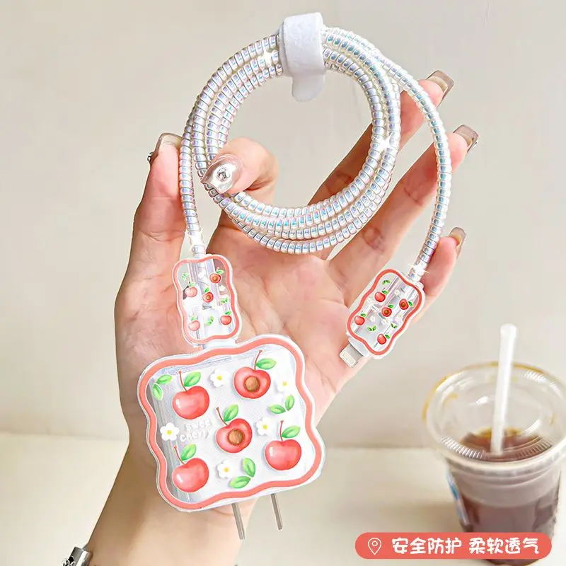 Cute Cherry Peach Wave Charger Protector For Apple Iphone 18W/20W Charger Cable Organizer Bites Wrap Anti-bite Line Cord Cover