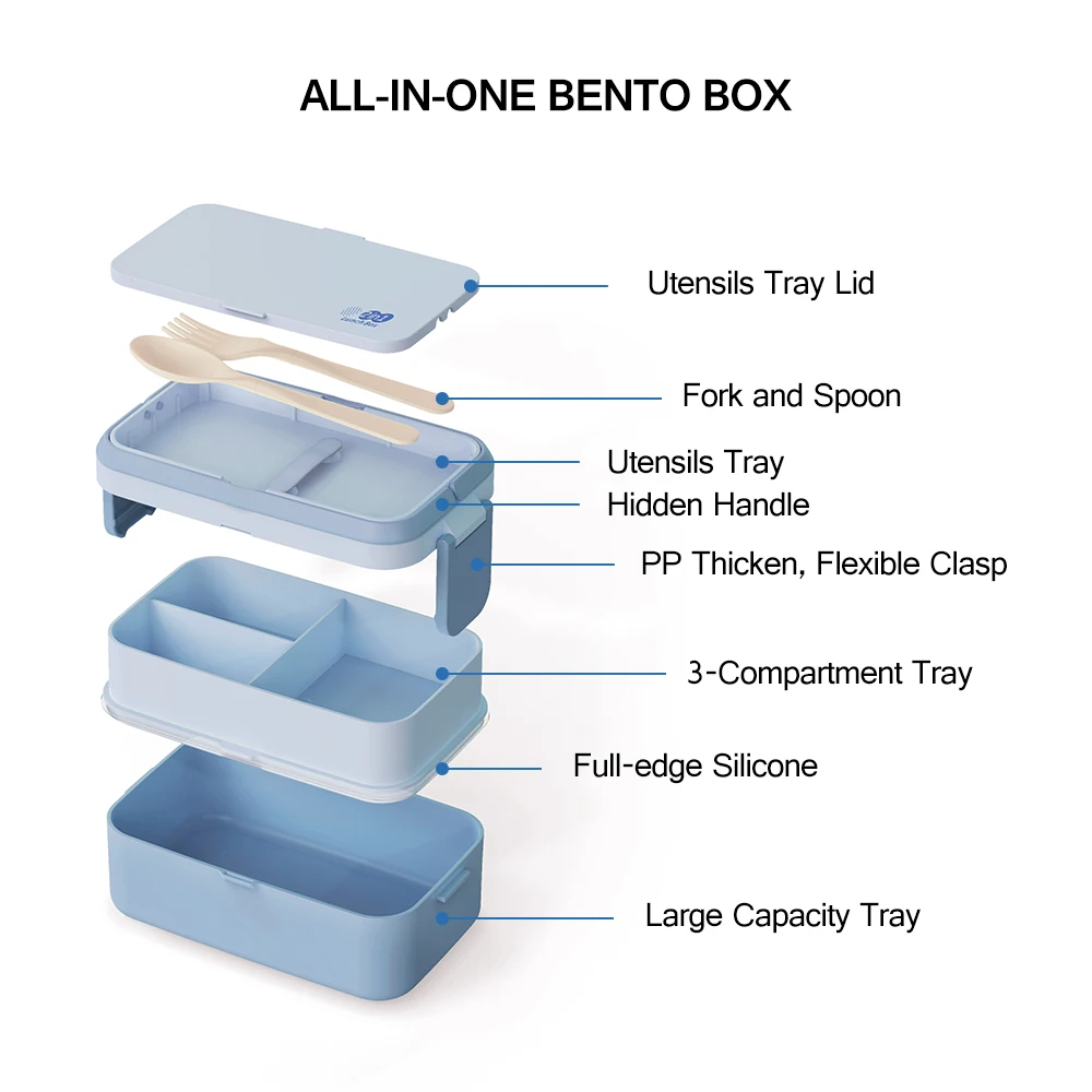 2 Layer Lunch Box,Leak-Proof Bento Box, Portable Lunchbox,3 Compartment Food Storage Container  for School Work Camping Picnics