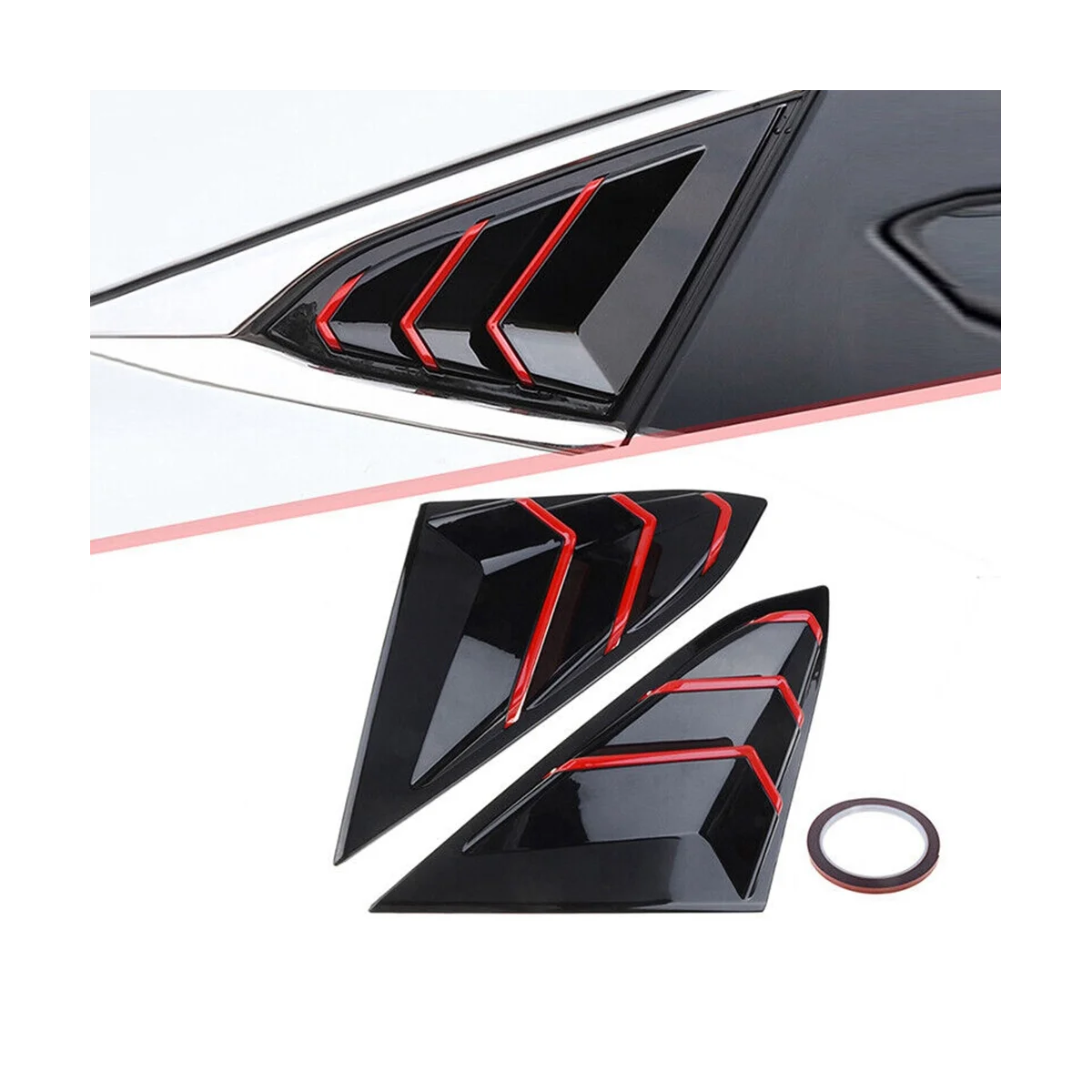 For Honda Civic 2016-2021 Sedan Rear Side Vent Quarter Window Louver Cover Triangular Window Trim Gloss Black Red