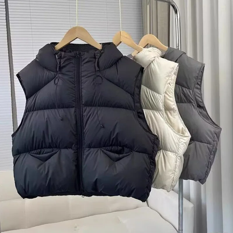 

Women Down Cotton Vest 2025 New Autumn Winter Short Hooded Puffer Sleeveless Jacket Female Casual Loose Cotton Padded Waistcoat