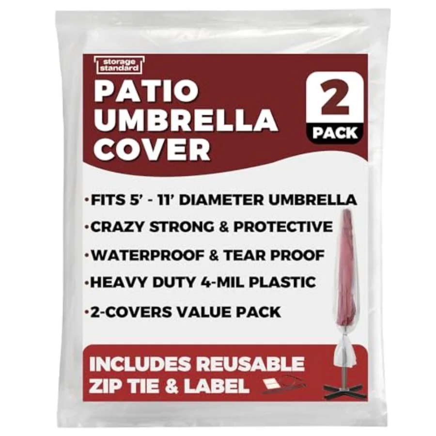 2-Pack Patio Umbrella Cover Bags - Clear Outdoor Patio Umbrella Covers Waterproof, Reusable Heavy-Duty 4-Mil Plastic Includes Z